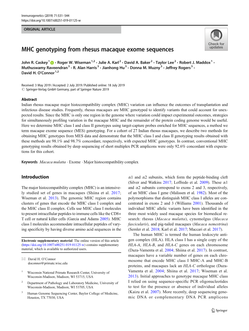 MHC Genotyping from Rhesus Macaque Exome Sequences