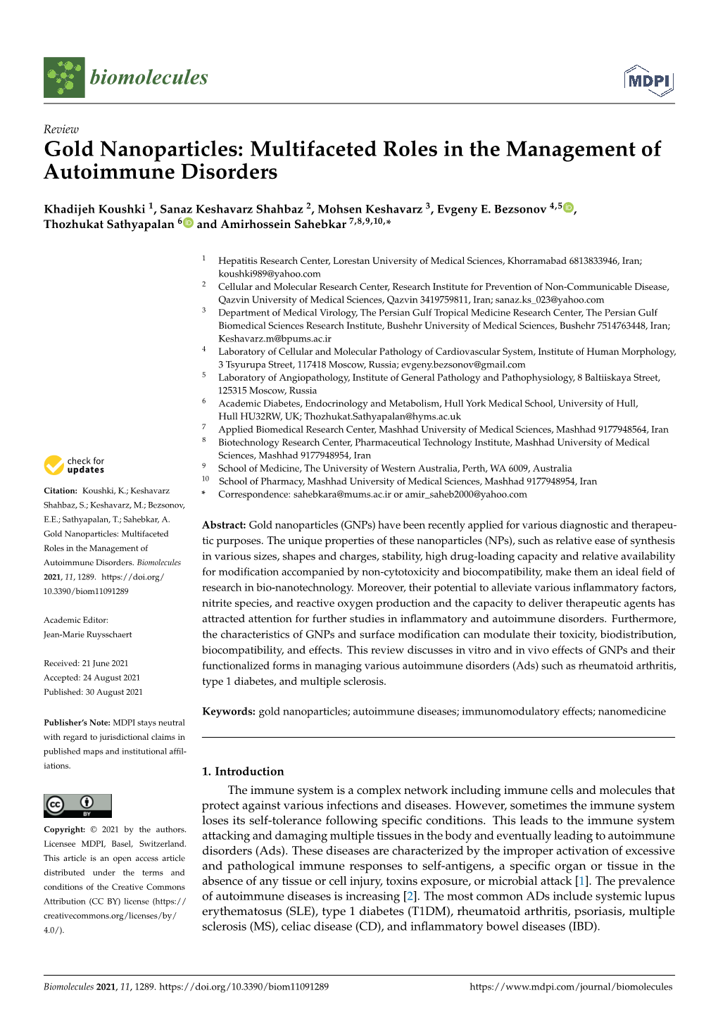 Gold Nanoparticles: Multifaceted Roles in the Management of Autoimmune Disorders