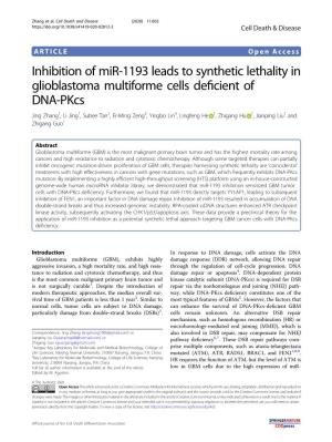 Inhibition of Mir-1193 Leads to Synthetic Lethality in Glioblastoma
