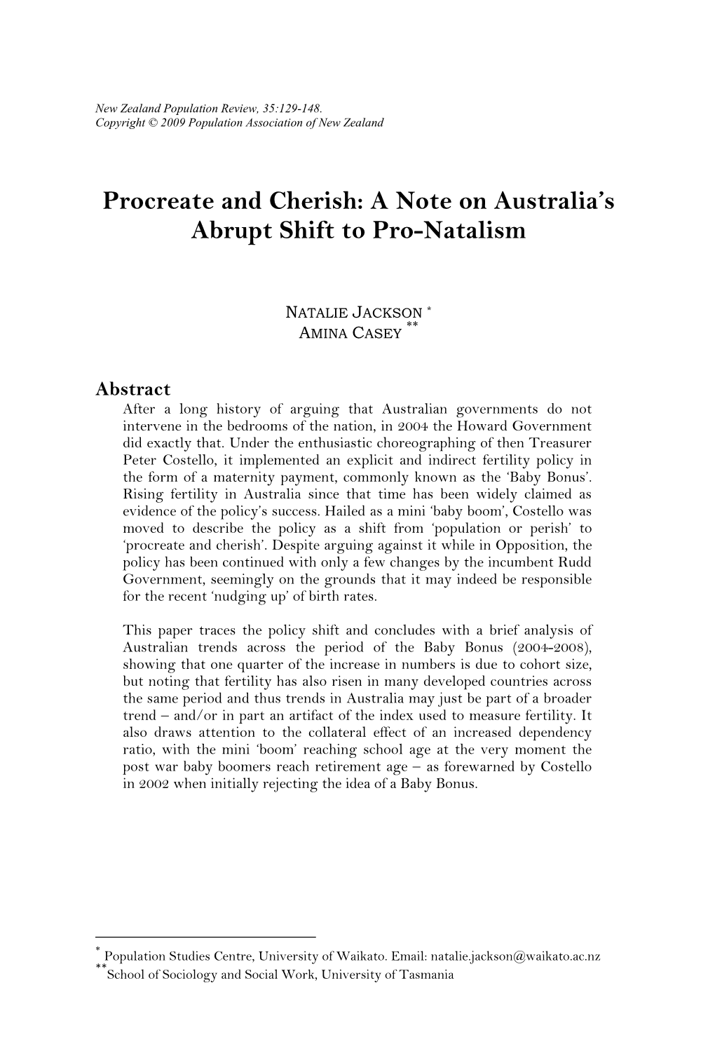 Procreate and Cherish: a Note on Australia's Abrupt Shift to Pro