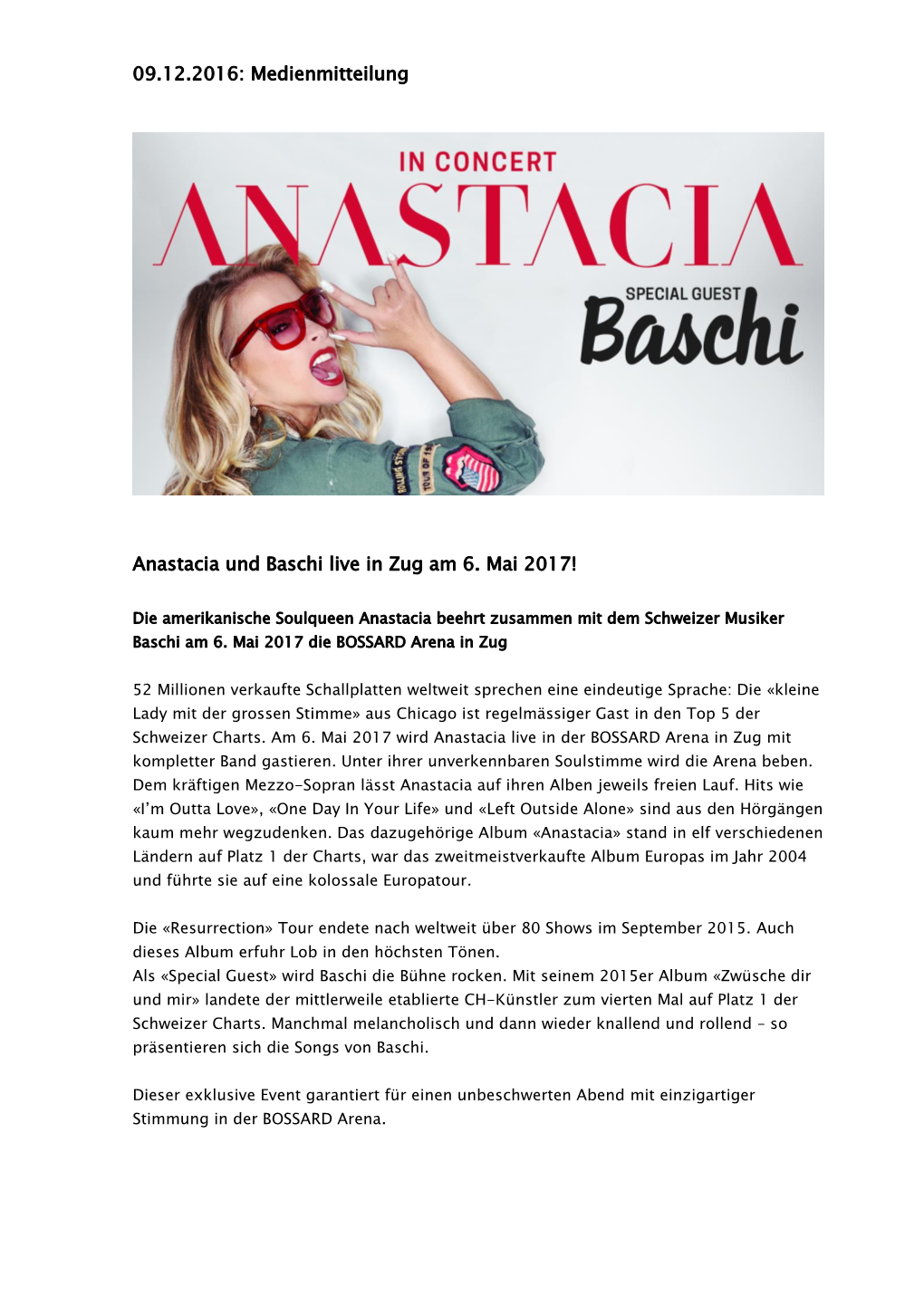 Medienmitteilung Anastacia Und Baschi Live in Zug