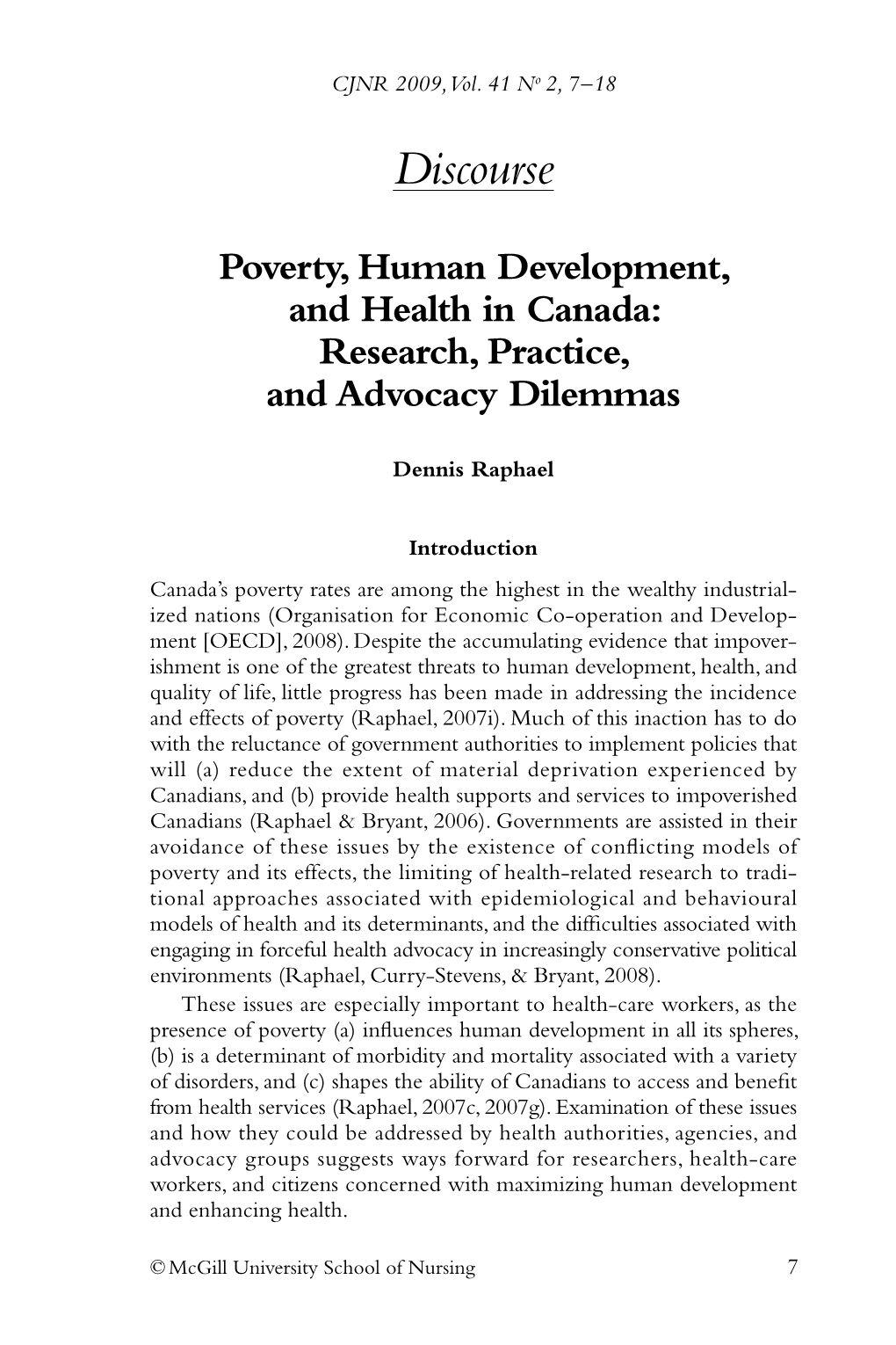 Poverty, Human Development, and Health in Canada: Research