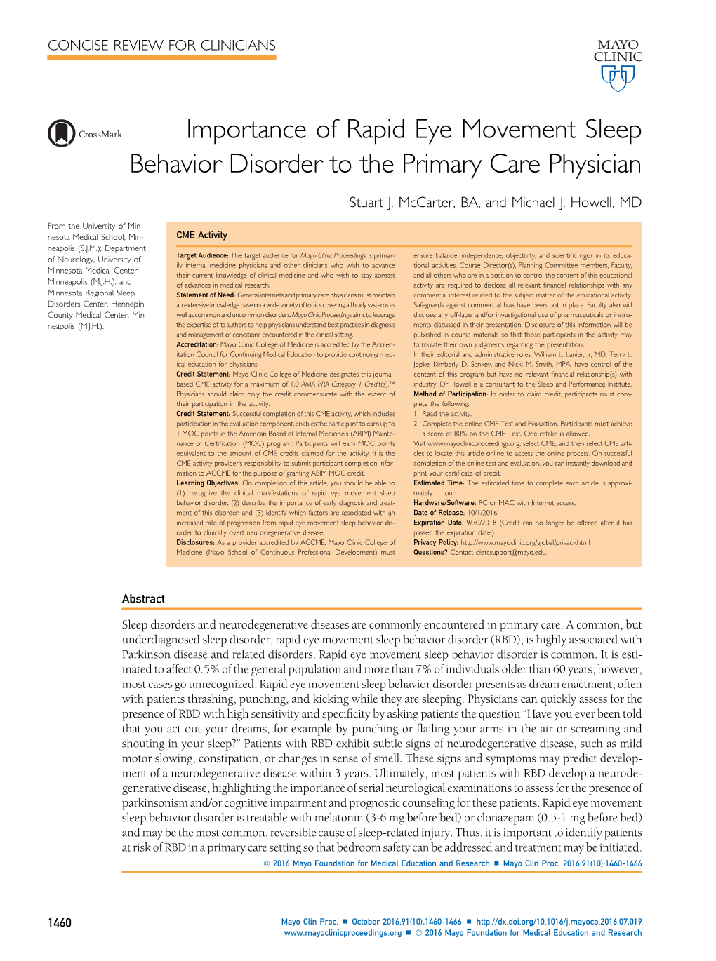 Importance of Rapid Eye Movement Sleep Behavior Disorder to the Primary Care Physician