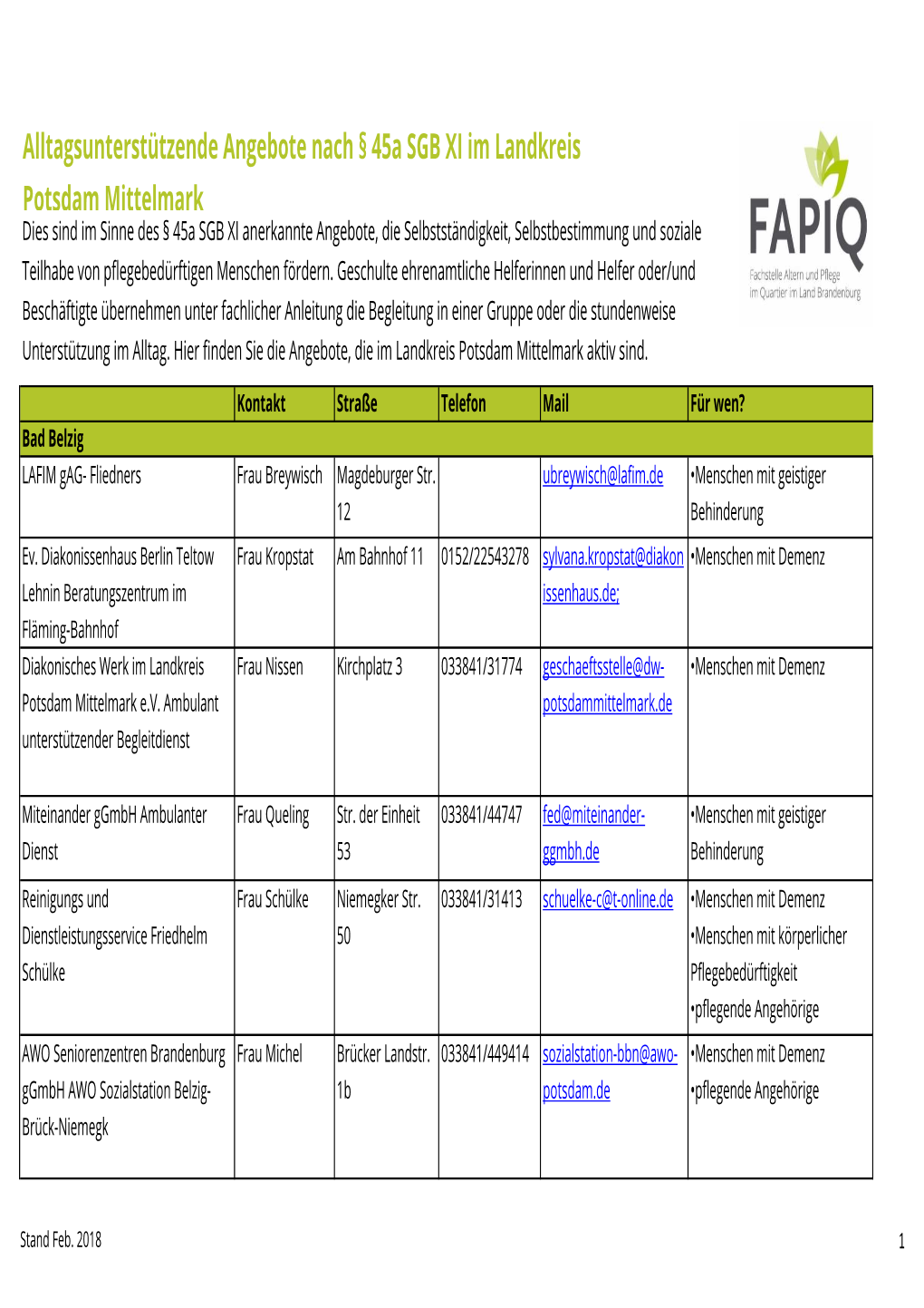 Alltagsunterstützende Angebote Nach § 45A SGB XI Im Landkreis