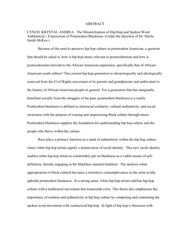 ABSTRACT LYNCH, KRYSTAL ANDREA. the Minstrelization of Hip Hop and Spoken Word Authenticity