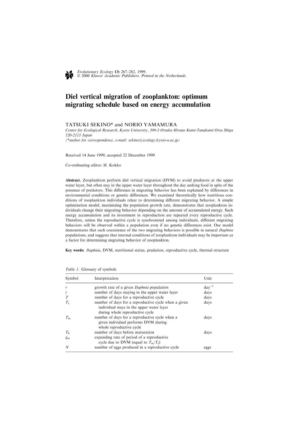 Diel Vertical Migration of Zooplankton: Optimum Migrating Schedule Based on Energy Accumulation