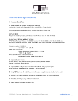SOUND EDITORIAL Turnover Brief Specifications
