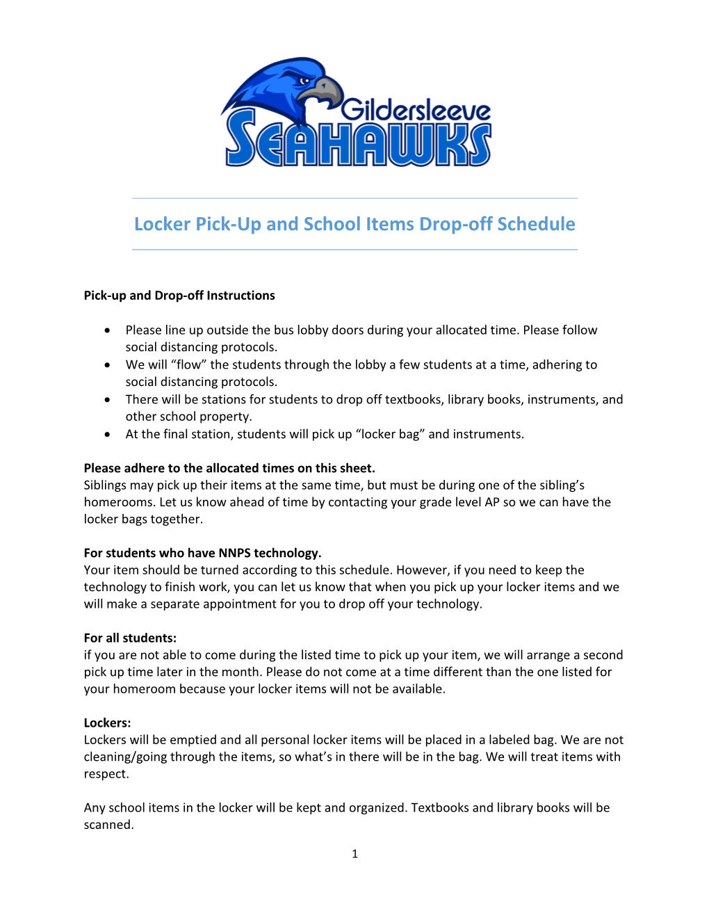 Locker Pick-Up and School Items Drop-Off Schedule