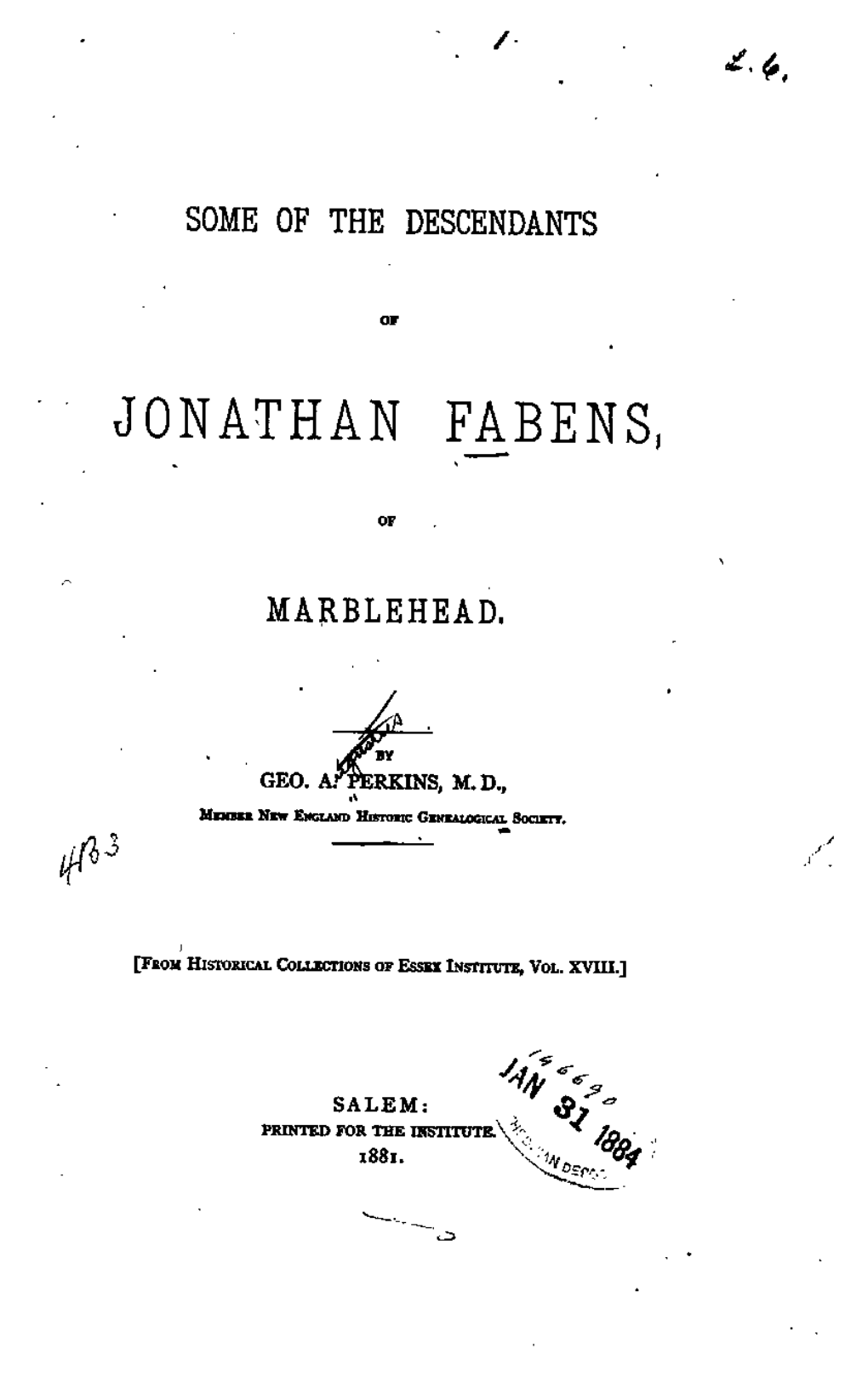 Some of the Descendants of Jonathan Fabens of Marblehead