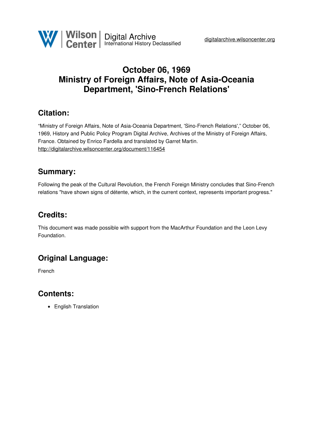 October 06, 1969 Ministry of Foreign Affairs, Note of Asia-Oceania Department, 'Sino-French Relations'