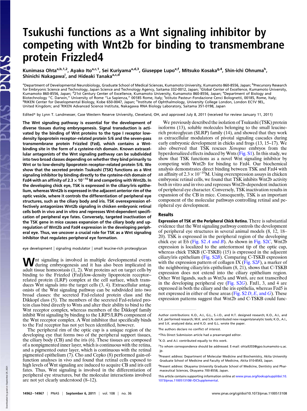 Tsukushi Functions As a Wnt Signaling Inhibitor by Competing with Wnt2b for Binding to Transmembrane Protein Frizzled4