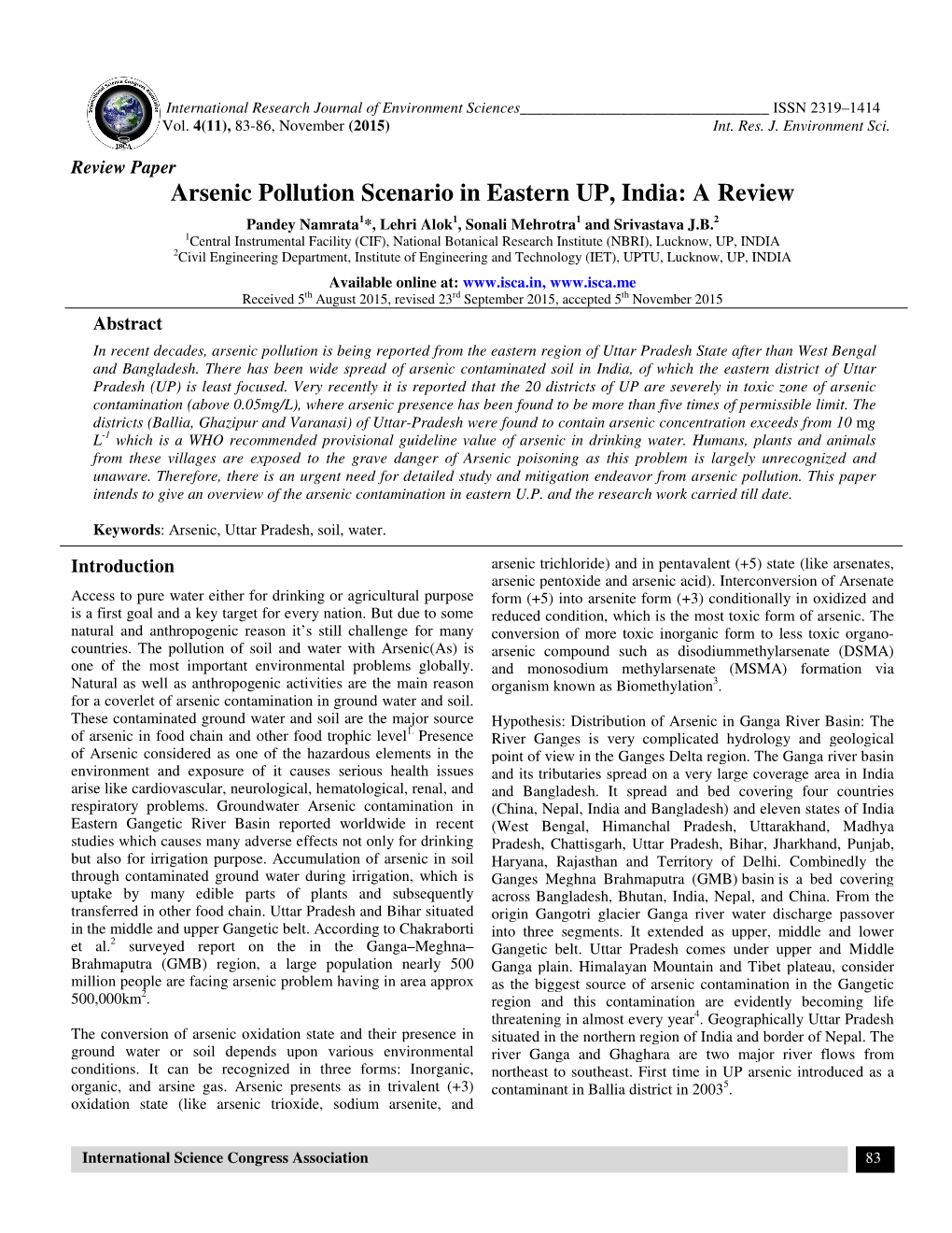 Arsenic Pollution Scenario in Eastern UP, India: a Review