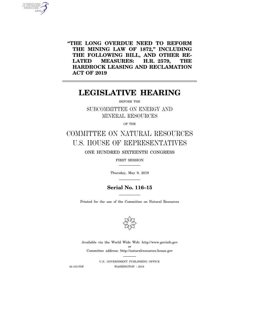 Legislative Hearing Committee on Natural Resources U.S. House of Representatives