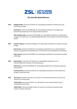 ZSL Scientific Medal Winners