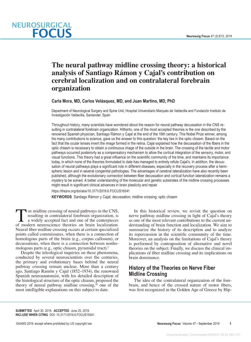 The Neural Pathway Midline Crossing Theory: a Historical Analysis of Santiago Rámon Y Cajal's Contribution on Cerebral Locali