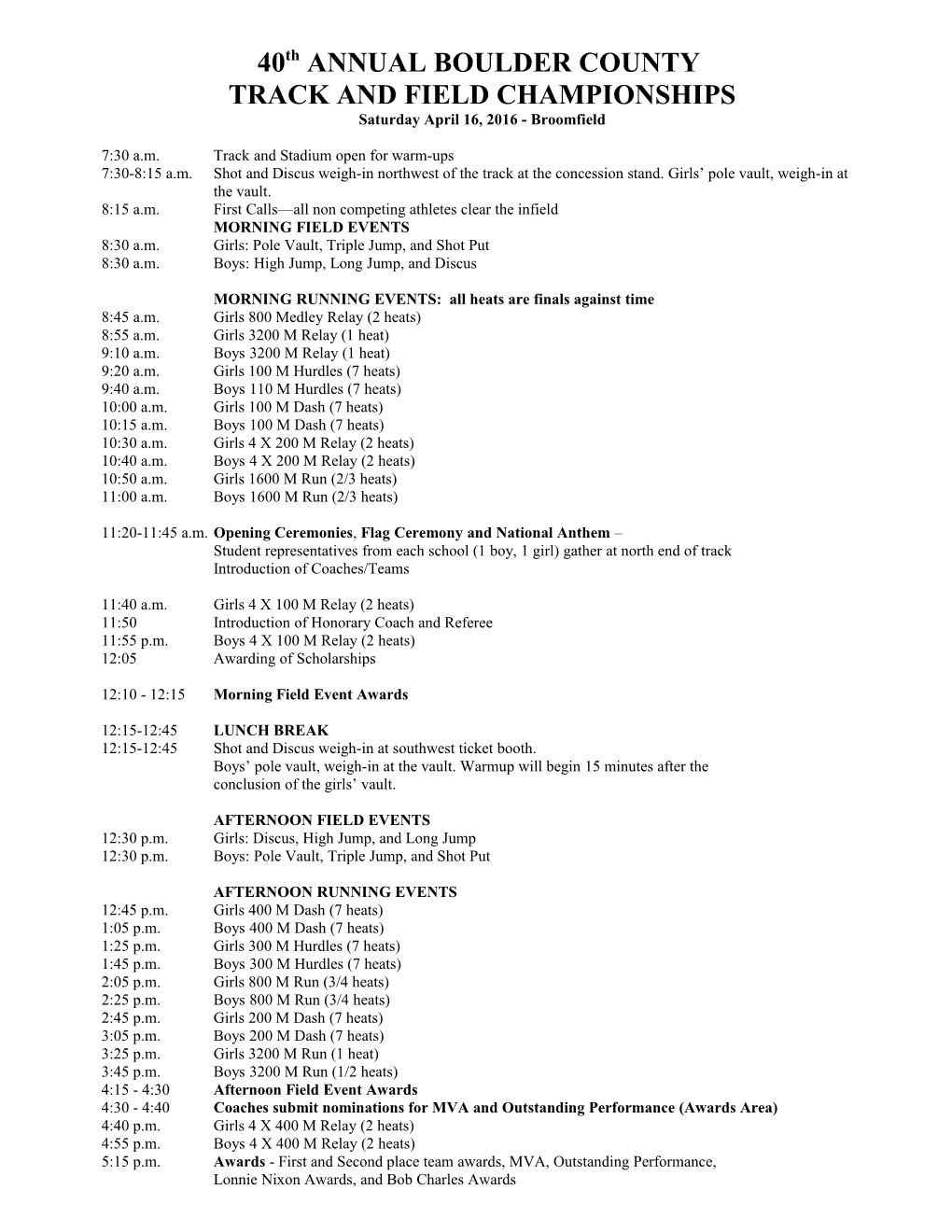 Proposed Schedule Boulder County Track Meet April 17, 2004