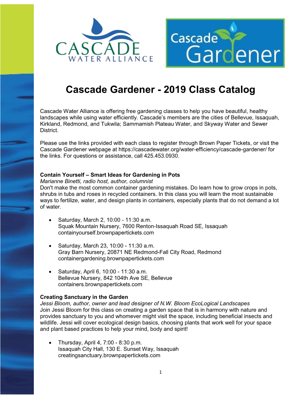 Cascade Gardener - 2019 Class Catalog