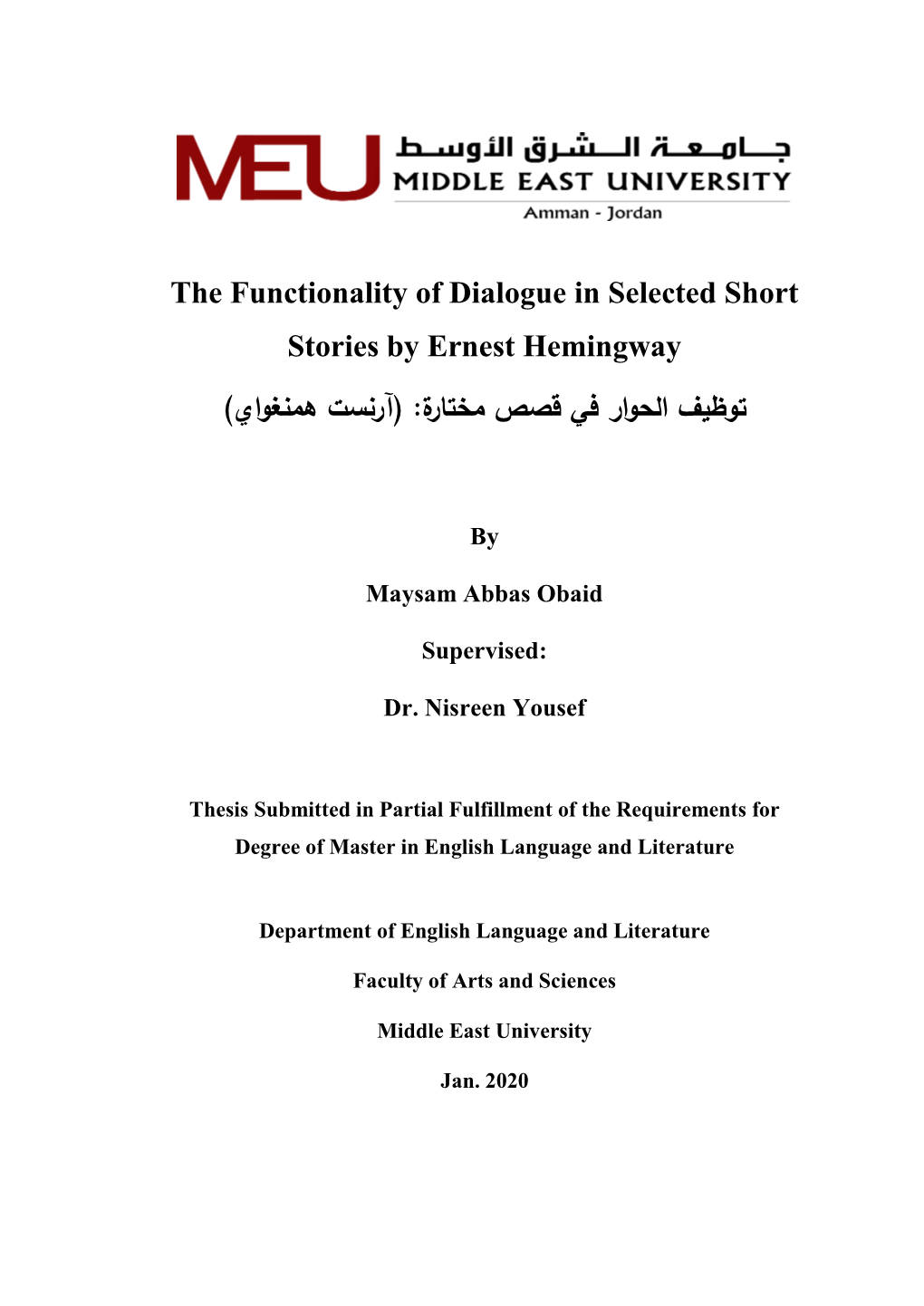 The Functionality of Dialogue in Selected Short Stories by Ernest Hemingway