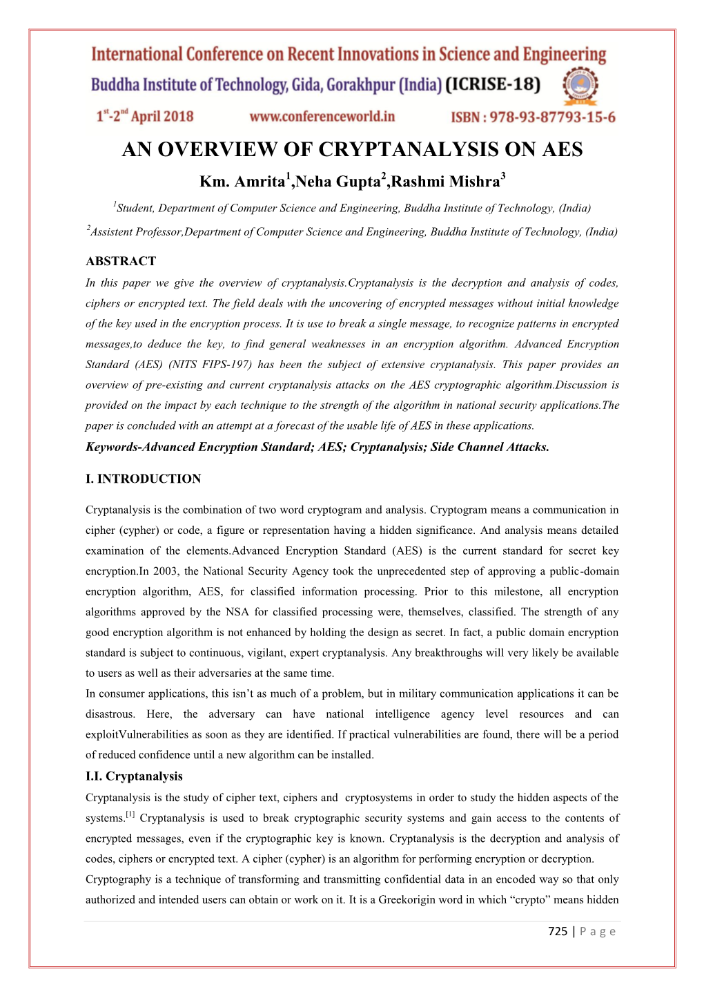 AN OVERVIEW of CRYPTANALYSIS on AES Km