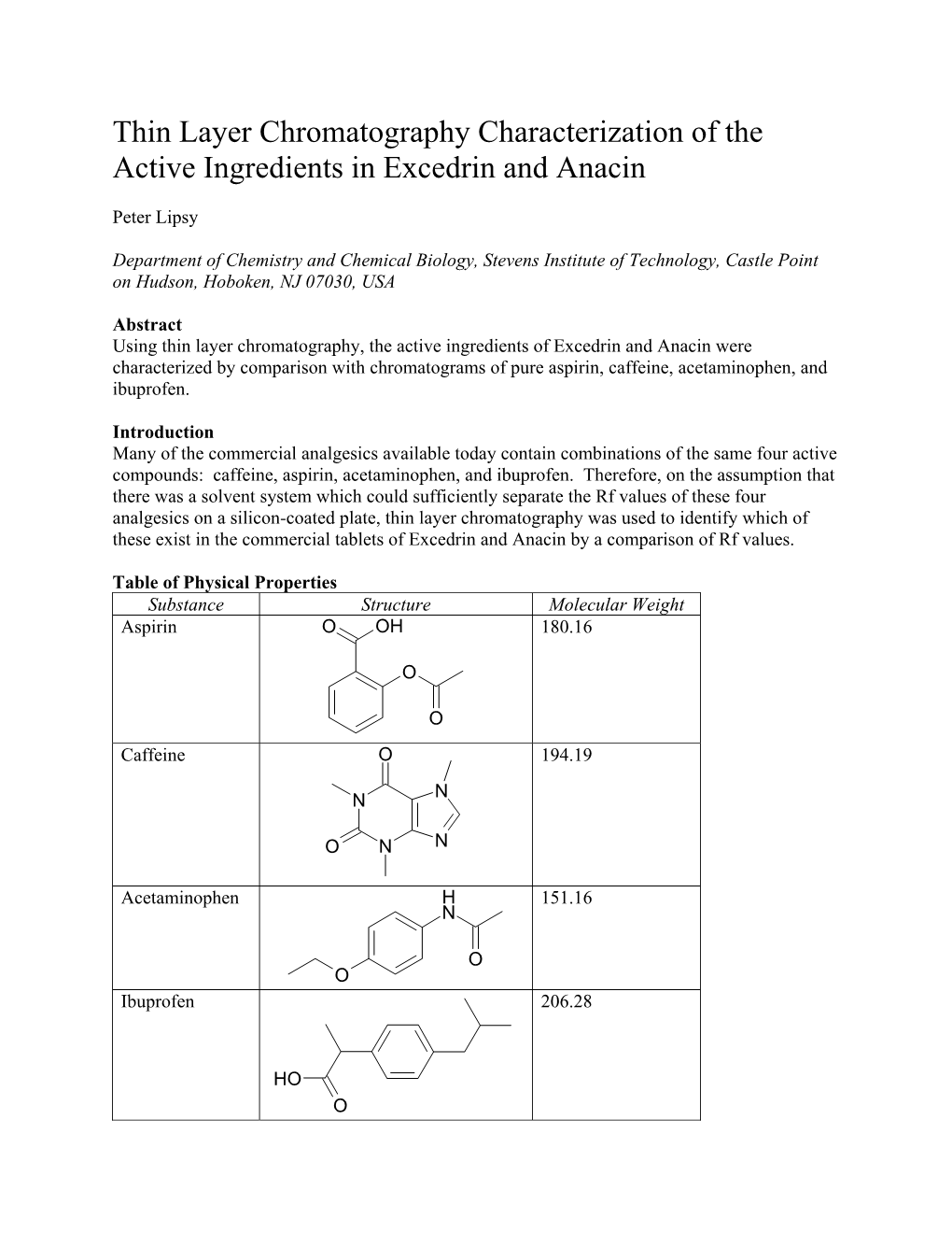 Thin Layer Chromatography Characterization of the Active Ingredients in Excedrin and Anacin