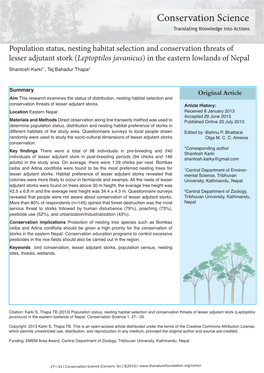 Leptoptilos Javanicus) in the Eastern Lowlands of Nepal Shantosh Karki1*, Tej Bahadur Thapa2