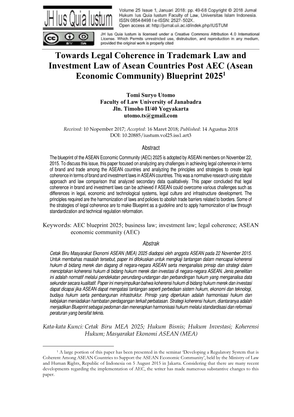 Towards Legal Coherence in Trademark Law and Investment Law of Asean Countries Post AEC (Asean Economic Community) Blueprint 2025 1