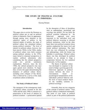 The Study of Political Culture in Indonesia, “ Masyarakat Kebudayaan Dan Politik, Th XII, No 2, April 1999, 57-66