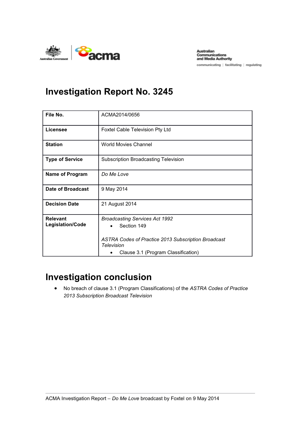 Investigation Report No. 3245