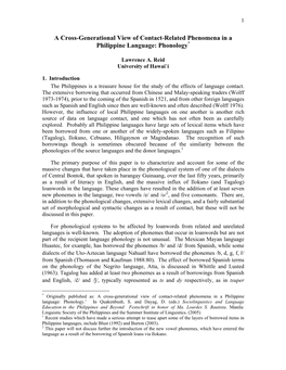 A Cross-Generational View of Contact-Related Phenomena in a Philippine Language: Phonology*