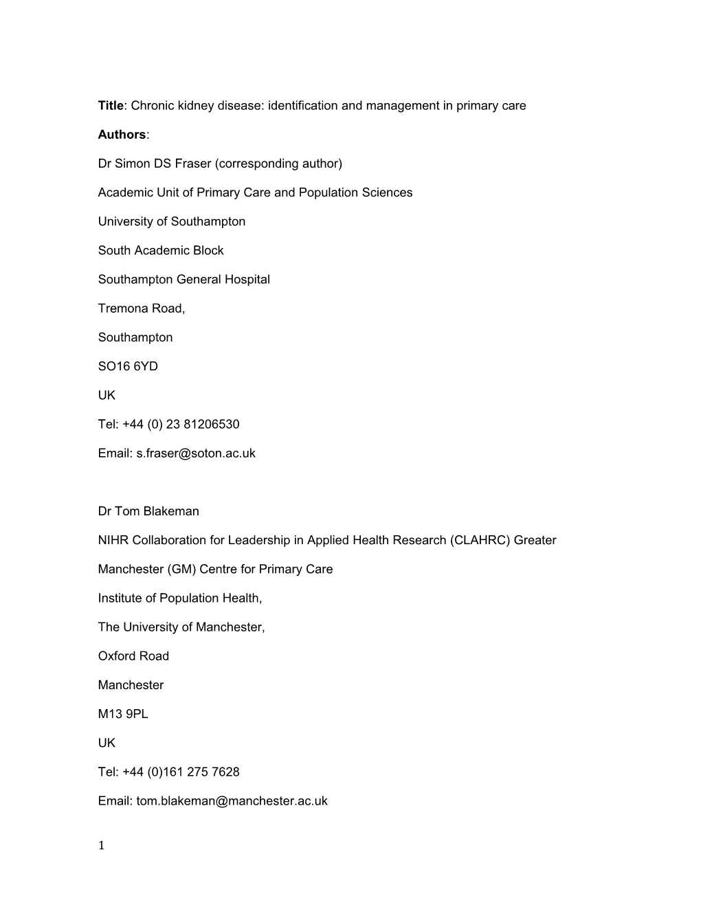 Title: Chronic Kidney Disease: Identification and Management in Primary Care