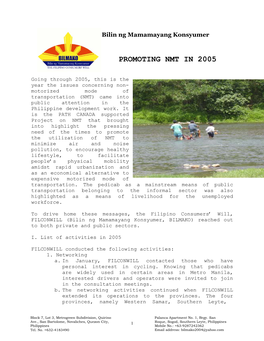 Promoting Non Motorized Transportation in the Philippines, Report 2005