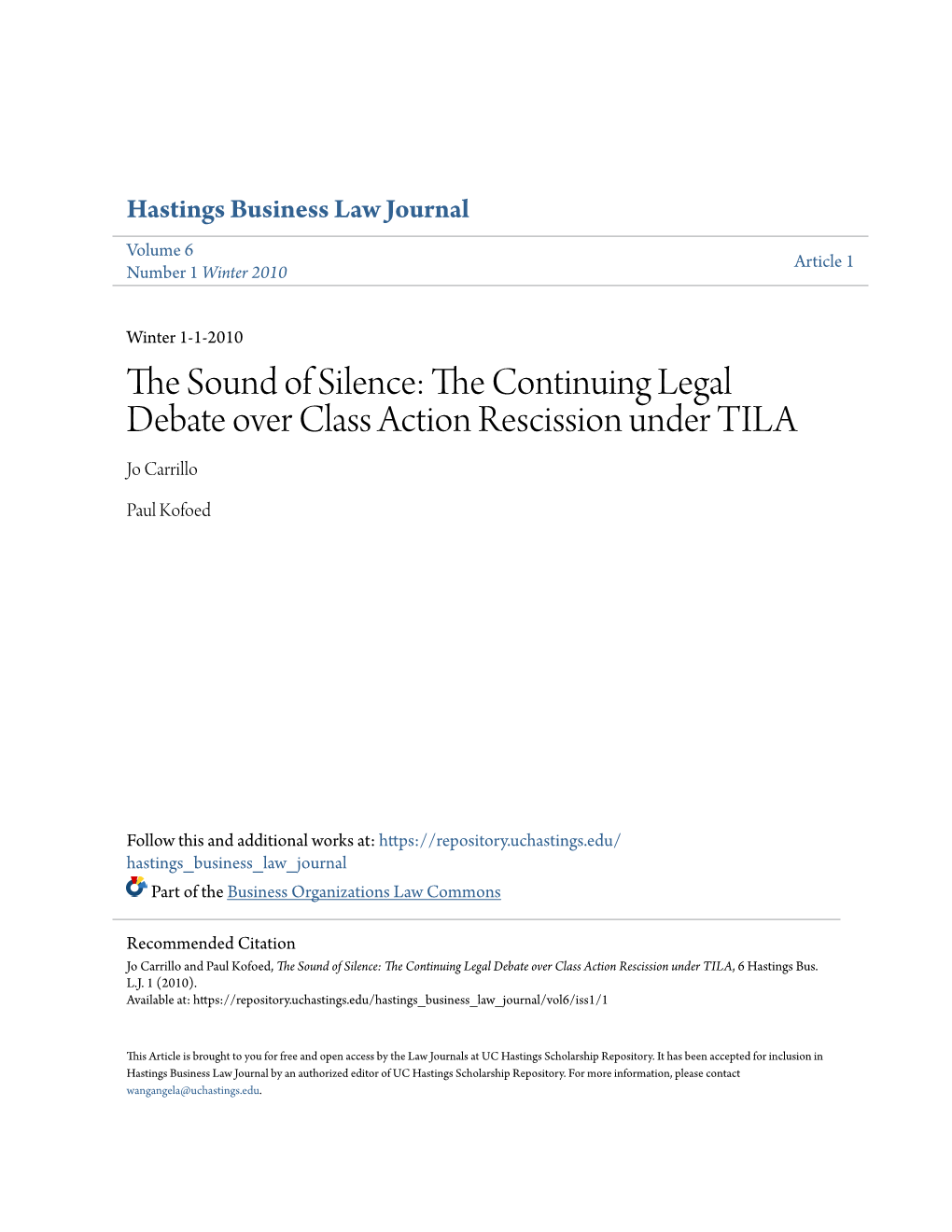 The Continuing Legal Debate Over Class Action Rescission Under TILA, 6 Hastings Bus