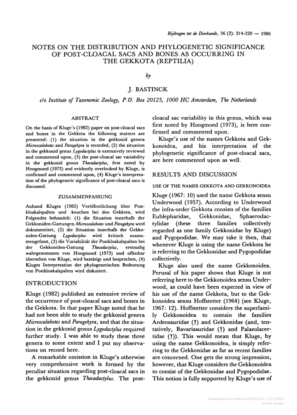 Downloaded from Brill.Com09/25/2021 12:27:07AM Via Free Access BIJDRAGEN TOT DE DIERKUNDE, 56 (2) - 1986 215