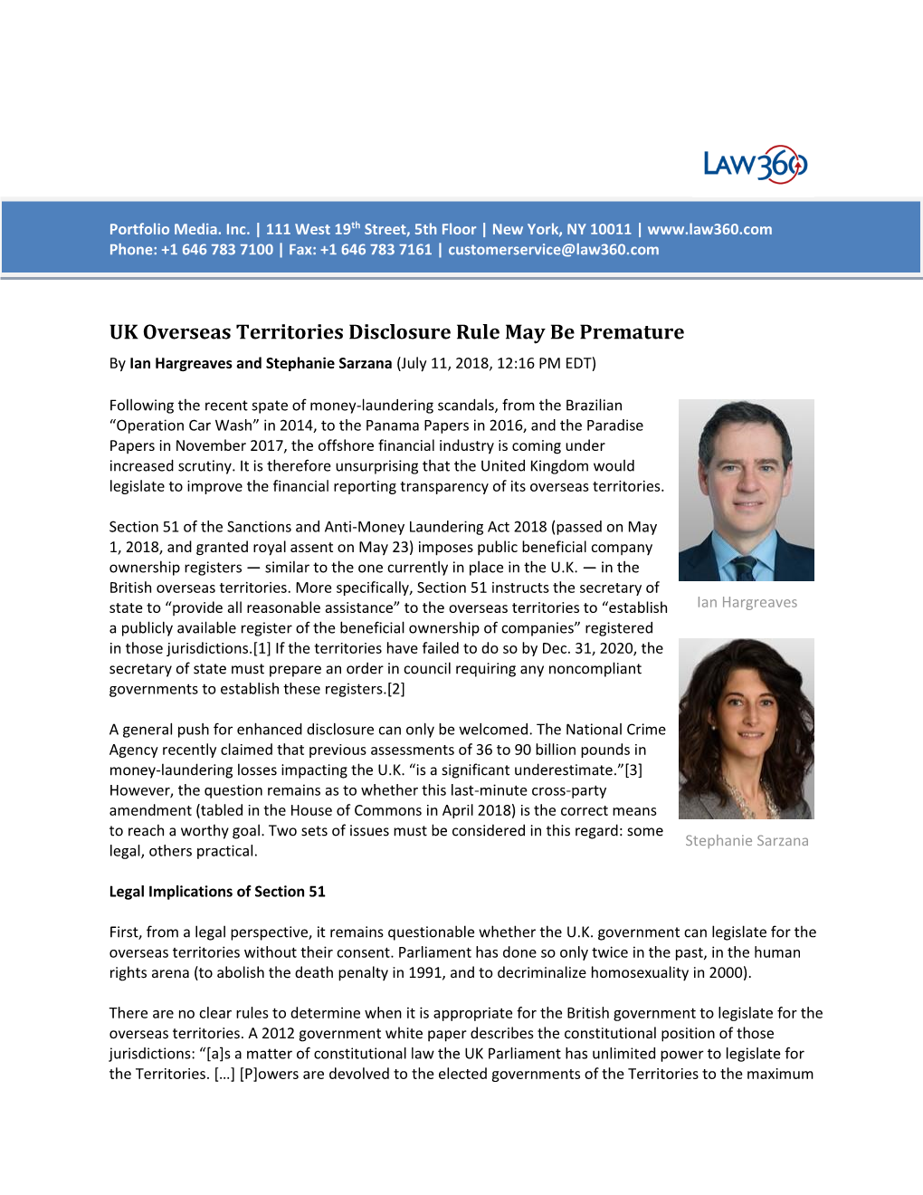 UK Overseas Territories Disclosure Rule May Be Premature by Ian Hargreaves and Stephanie Sarzana (July 11, 2018, 12:16 PM EDT)