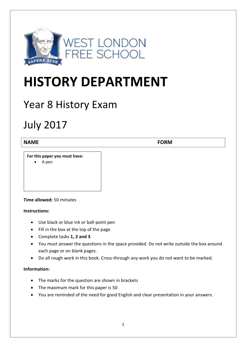 Year 8 History Exam July 2017