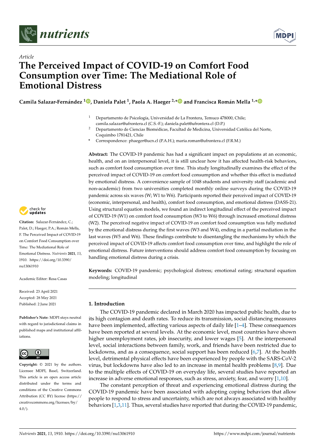 The Perceived Impact of COVID-19 on Comfort Food Consumption Over Time: the Mediational Role of Emotional Distress