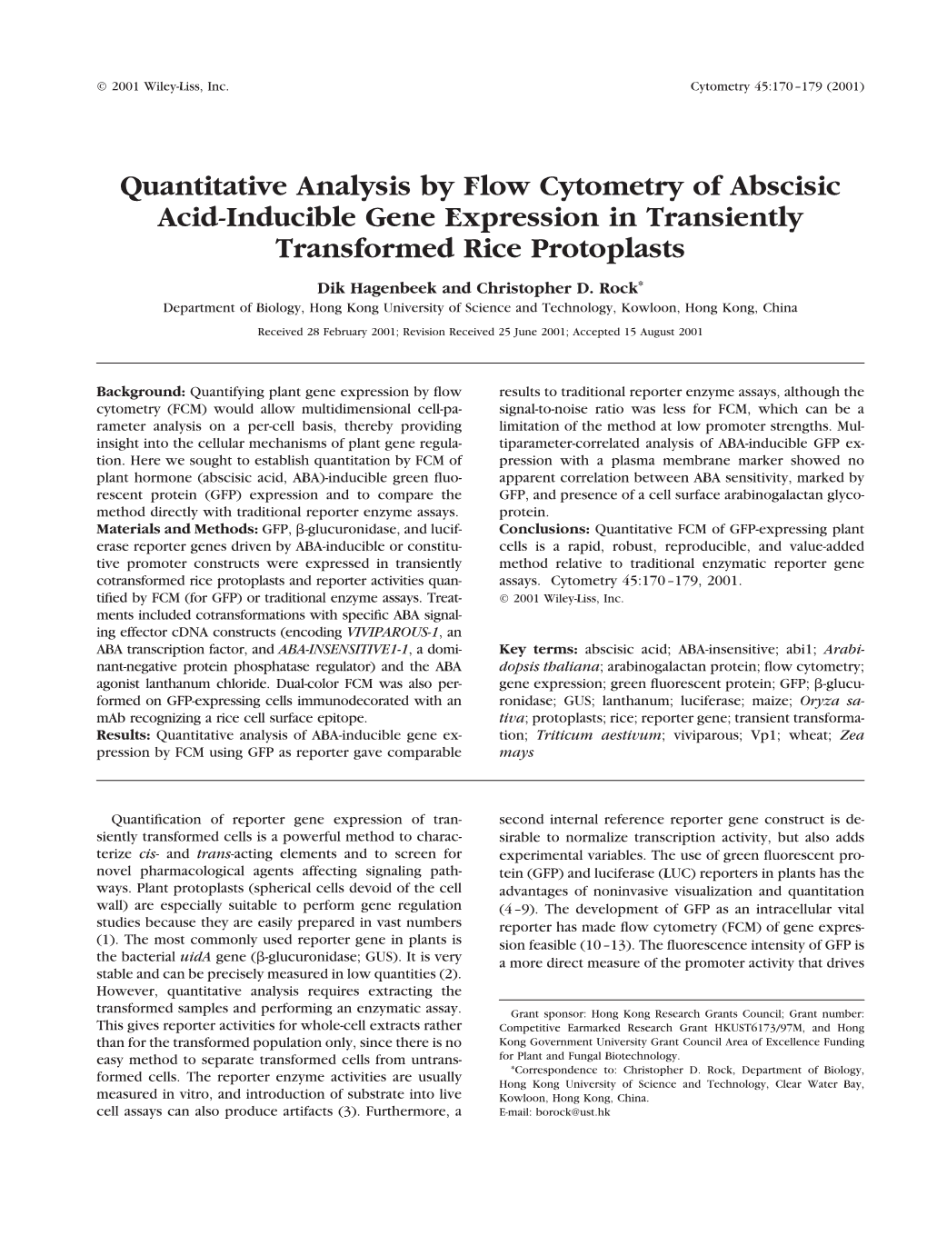 Quantitative Analysis by Flow Cytometry of Abscisic Acid-Inducible Gene Expression in Transiently Transformed Rice Protoplasts