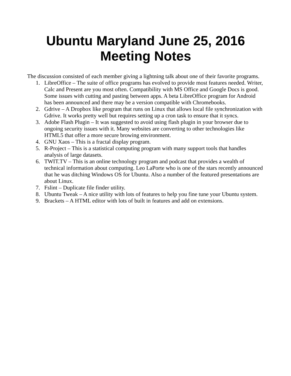 Ubuntu Maryland June 25, 2016 Meeting Notes