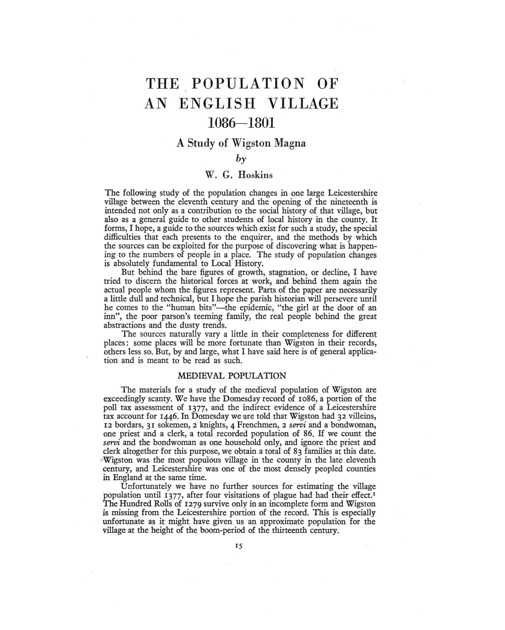 THE POPULATION of an ENGLISH VILLAGE 1086-1801 a Study of Wigston Magna by W