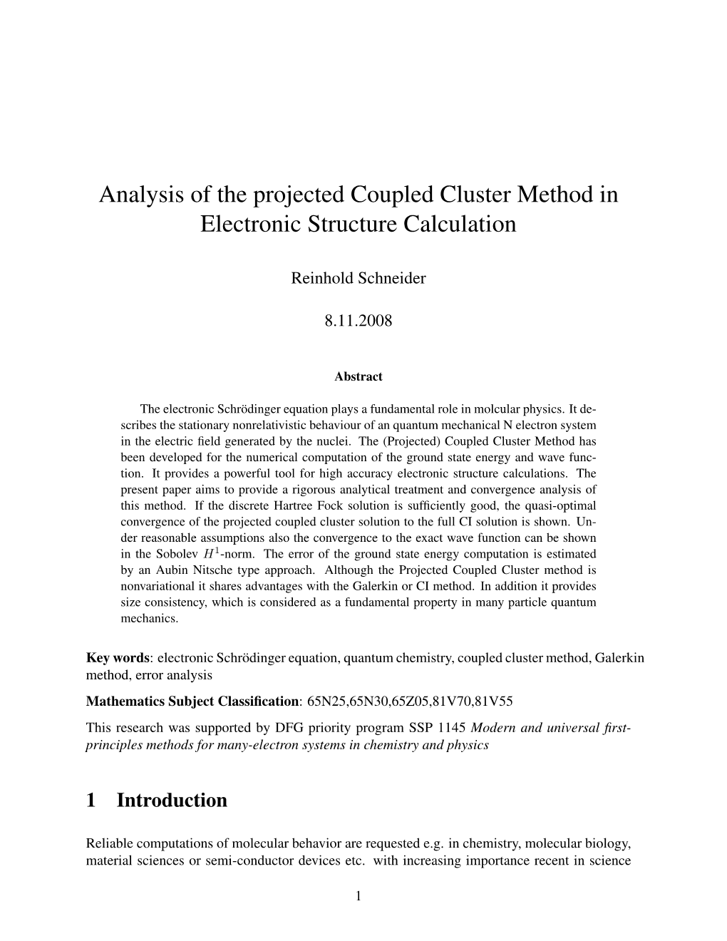 Analysis of the Projected Coupled Cluster Method in Electronic Structure Calculation