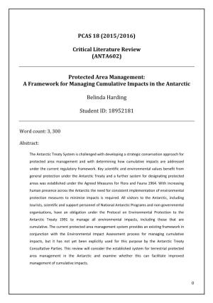 PCAS 18 (2015/2016) Critical Literature Review (ANTA602) Protected Area Management: a Framework for Managing Cumulative Impacts