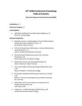 14Th ACMS Conference Proceedings Table of Contents