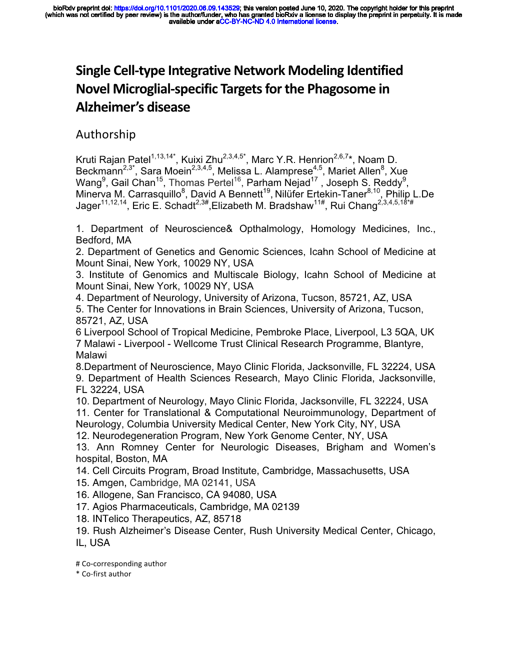Single Cell-Type Integrative Network Modeling Identified Novel Microglial-Specific Targets for the Phagosome in Alzheimer's Di