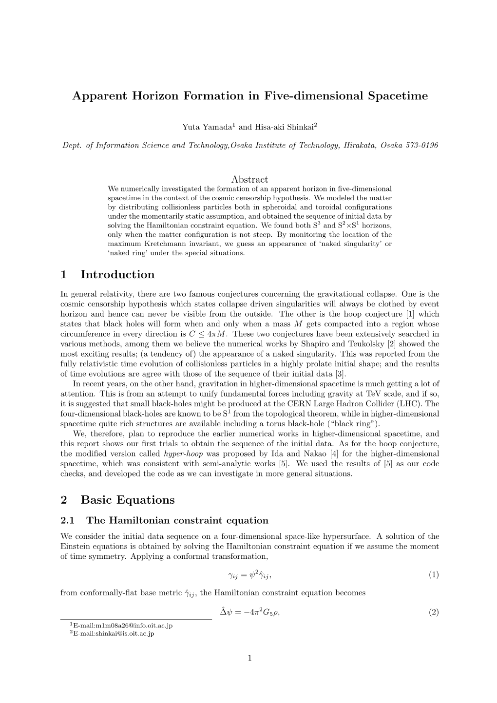 Apparent Horizon Formation in Five-Dimensional Spacetime 1