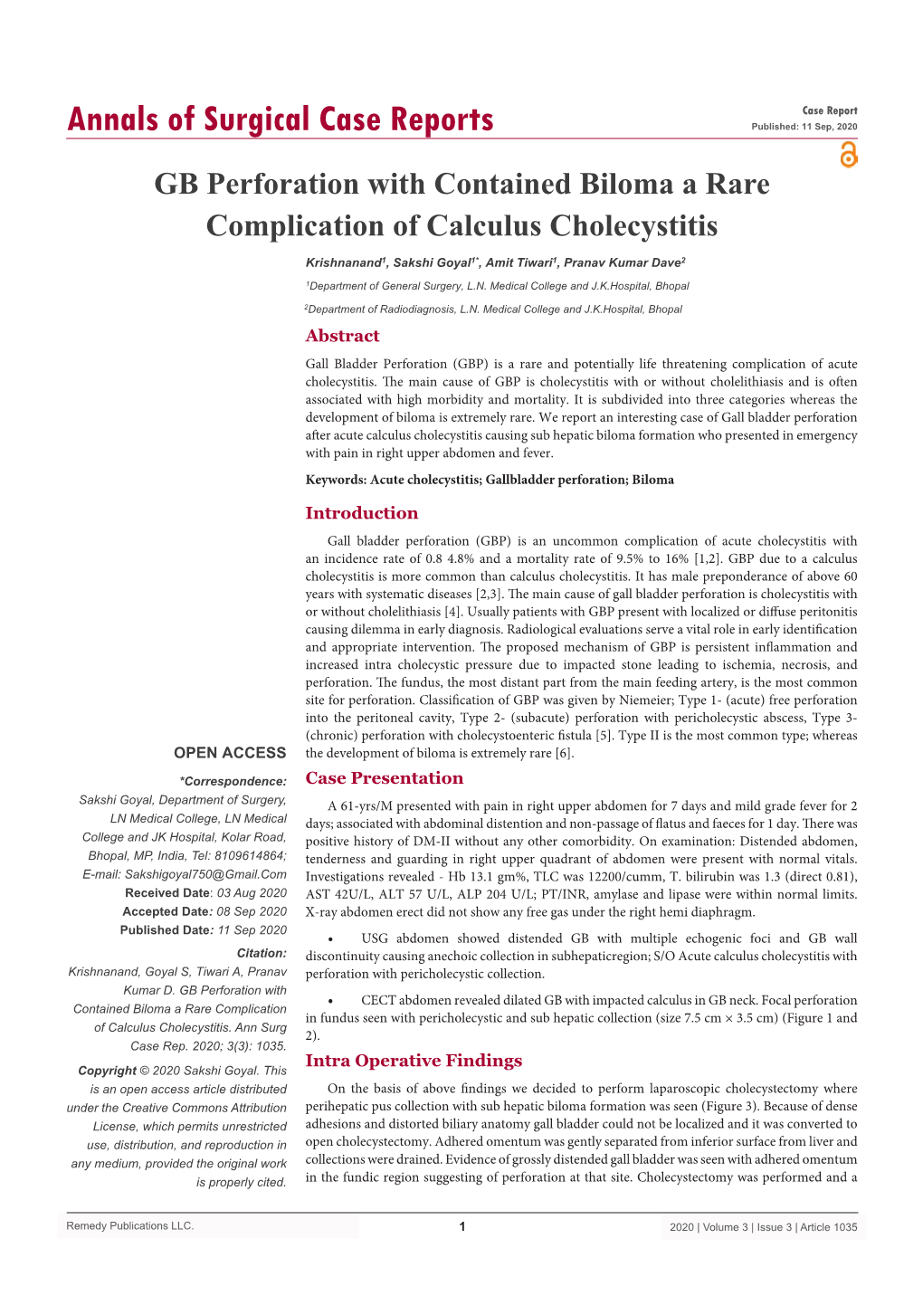 GB Perforation with Contained Biloma a Rare Complication of Calculus Cholecystitis