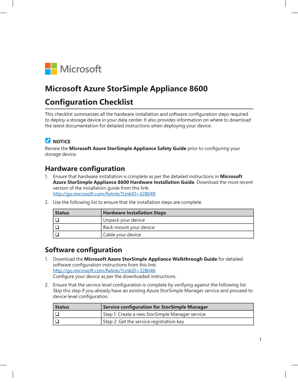 Microsoft Azure Storsimple Appliance 8600 Configuration Checklist