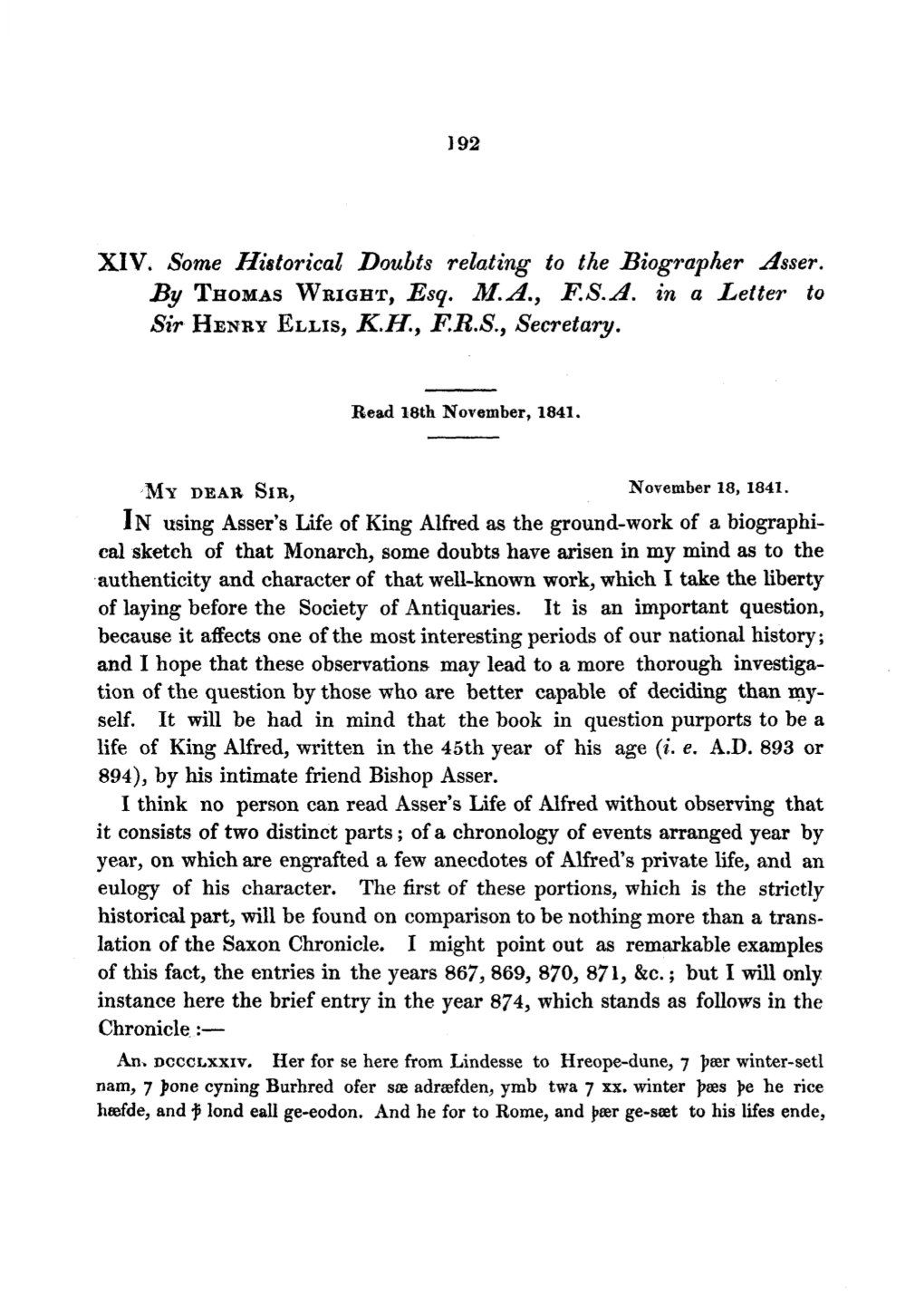 XIV. Some Historical Doubts Relating to the Biographer Asser. By
