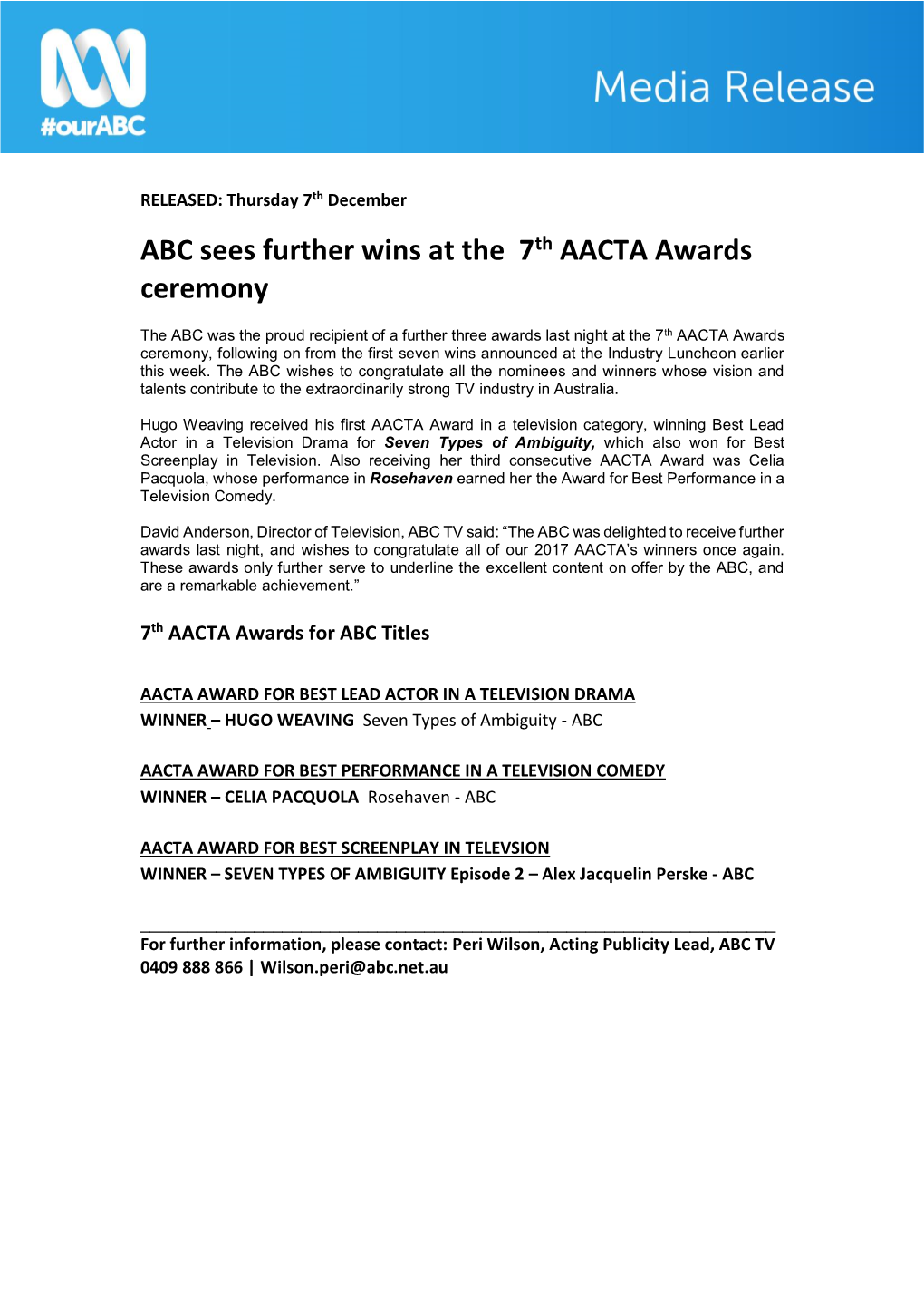 ABC Sees Further Wins at the 7Th AACTA Awards Ceremony