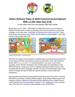 Arthur Delivers Class of 2020 Commencement Speech with a Little Help from D.W. a New Video Short from the Popular PBS KIDS Series