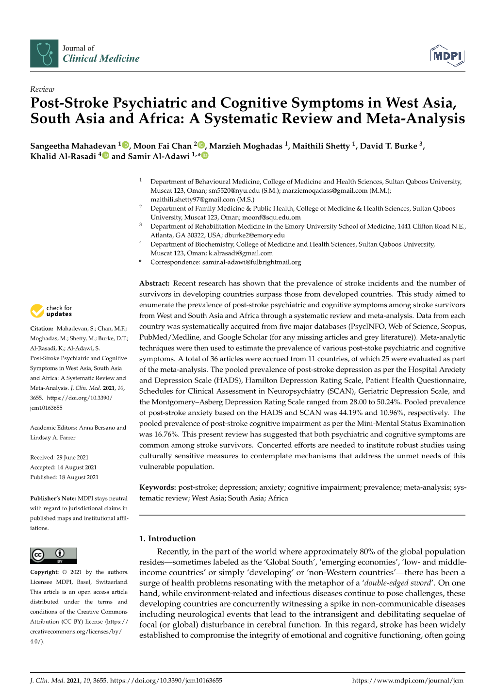 Post-Stroke Psychiatric and Cognitive Symptoms in West Asia, South Asia and Africa: a Systematic Review and Meta-Analysis